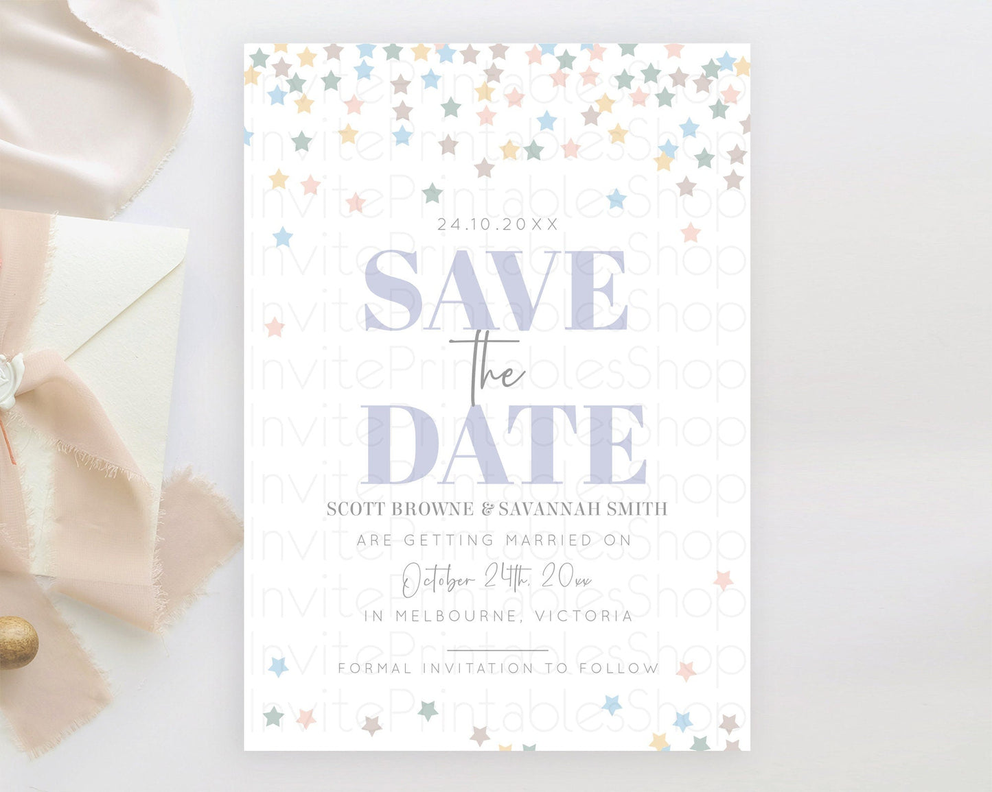 Twinkle Stars Save The Date Template Pastel Twinkle Little Star Party Shooting Star Confetti Sprinkles Birthday Baptism Baby Shower D10795