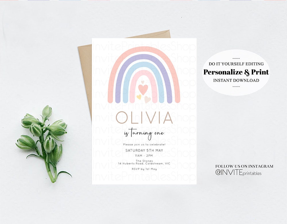 Rainbow Birthday Invitation Pastel Colorful Twinkle Stars Sky Clouds Watercolor Pink Blue Green Yellow White Modern Printable Invite