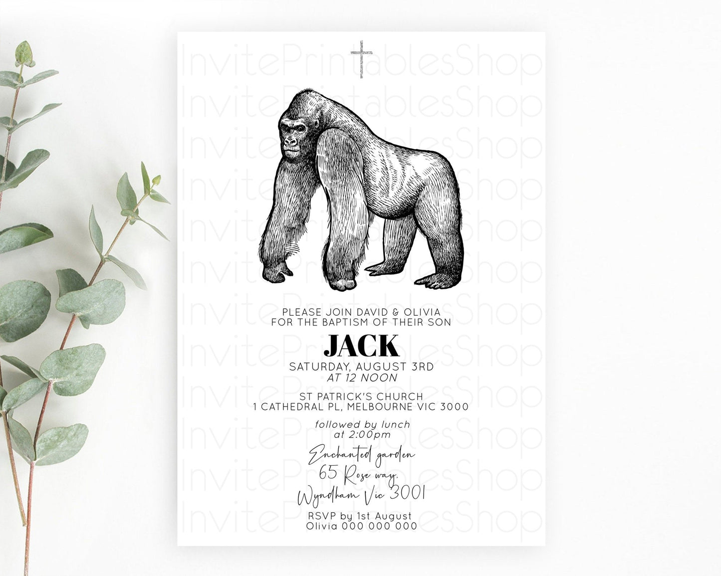 Gorilla Baptism Invitation Gorilla Baptism 1st Birthday Invitation Gorilla Jungle Adventure Christening Invitation Wild Zoo Theme D10855