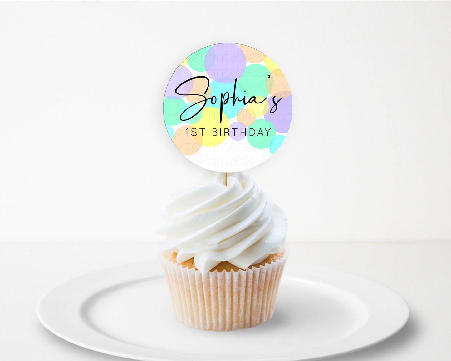 Pastel Cupcake Toppers Pastel Confetti Cupcake Topper Bubbles Sprinkles Colorful Rainbow Confetti Cupcake First Birthday Party Décor D10412