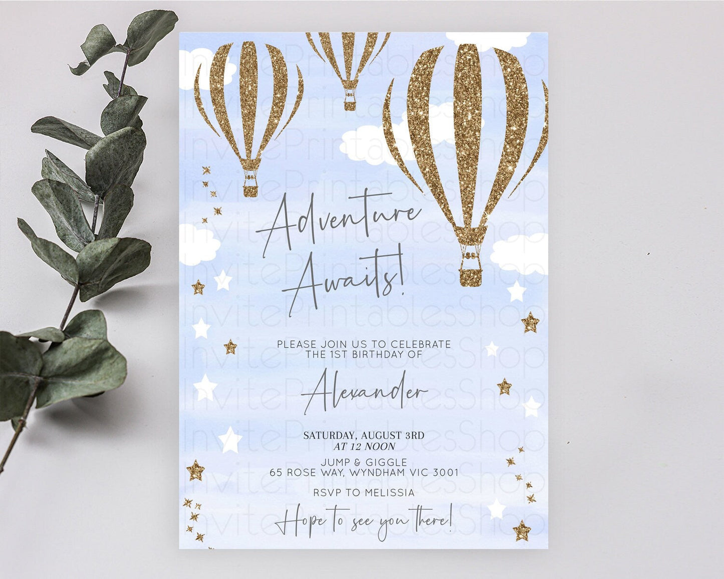 Hot Air Balloon Birthday Invitation Hot Air Balloon Invites Adventure Awaits Up Up & Away Glitter Blue Watercolor 1st Birthday Boy D10333