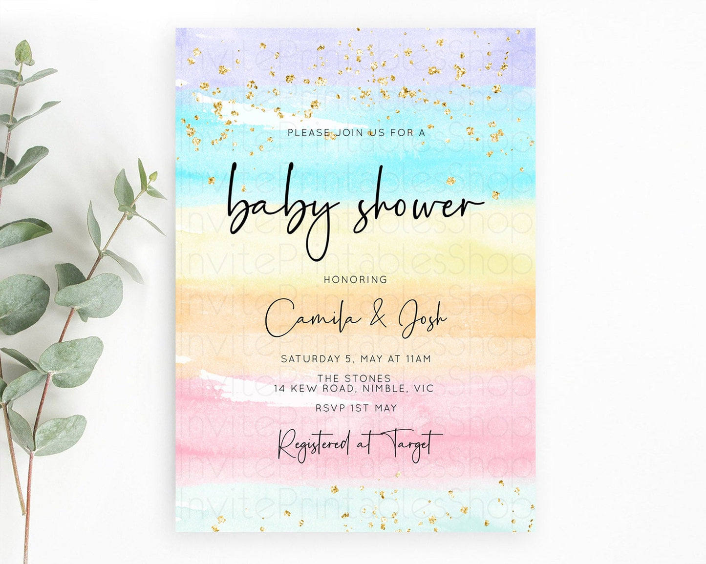 Pastel Baby Shower Invitation Rainbow Baby Shower Invitation Colorful Pastel Watercolor Invitation Gold Glitter Sprinkles Ombre D10505
