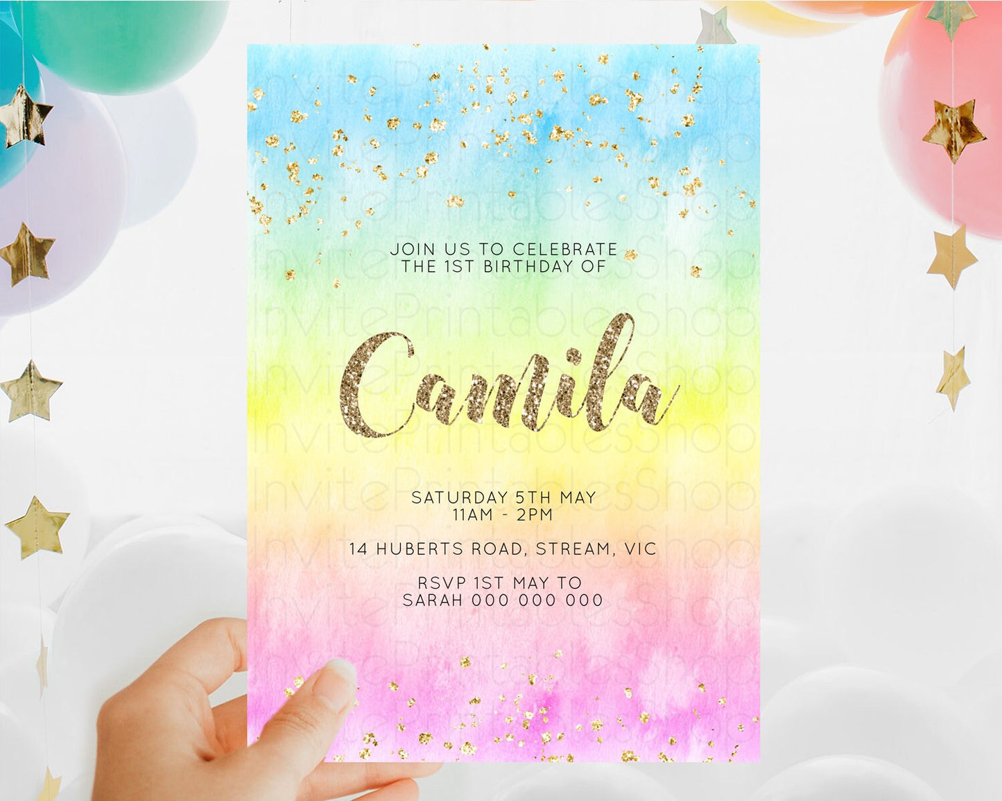 Editable Rainbow Birthday Invitation Colorful Pastel Watercolor Invitation G