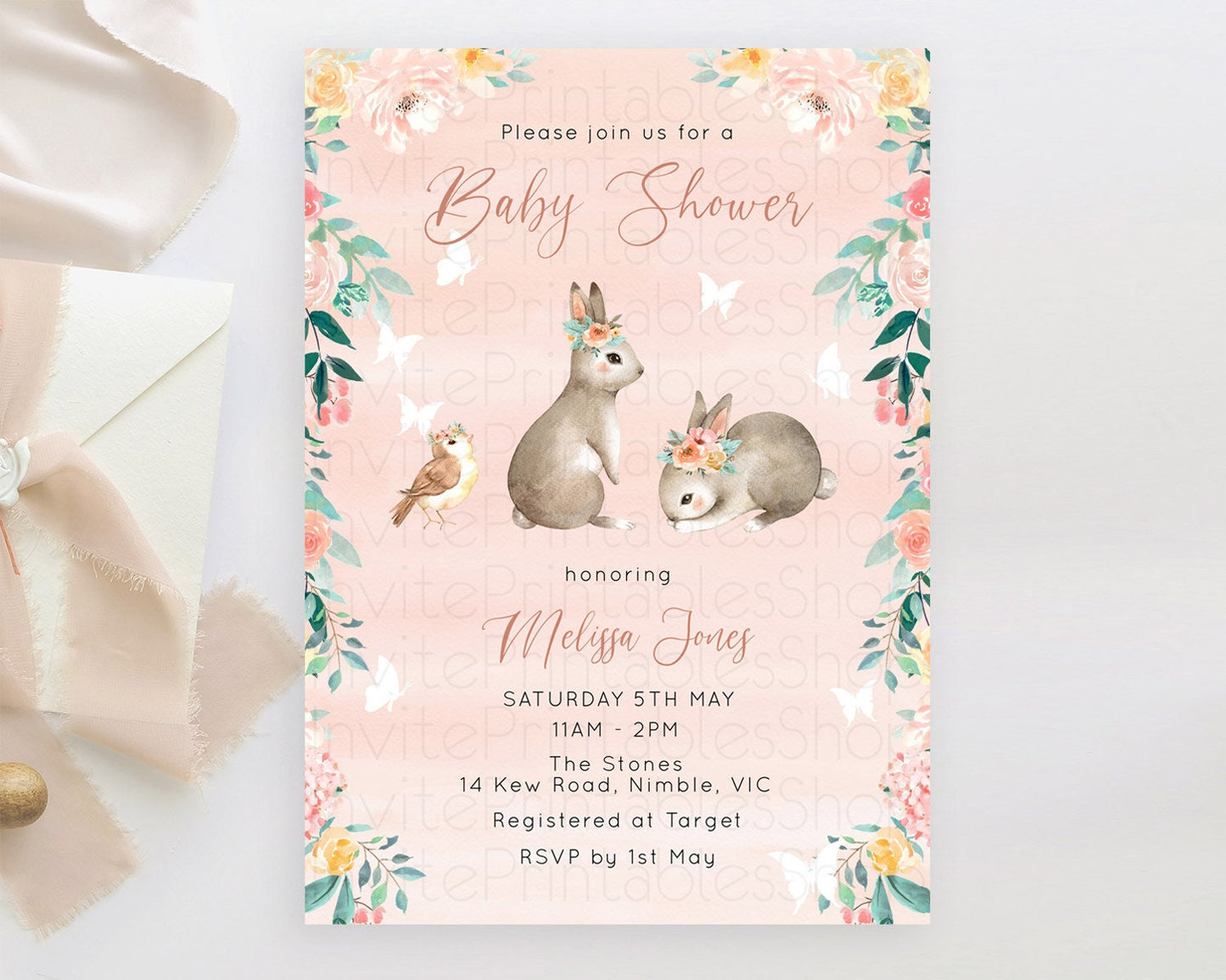 Bunny Baby Shower Invitation Enchanted Forest Invitation Secret Garden Pastel Floral Rabbit Butterfly Forest Bunny Woodland Theme D10922