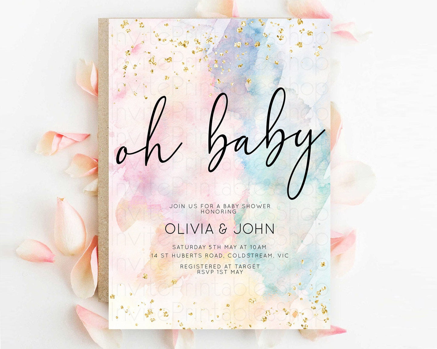 Pastel Rainbow Baby Shower Invitation, Colorful Watercolor with Gold Glitter Sprinkles, Pink, Blue, Yellow Ombre Splash Gender Reveal D10263