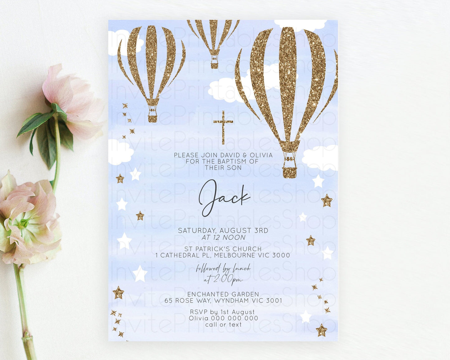 Hot Air Balloon Baptism Invitation Hot Air Balloon Baptism Birthday Invitation Adventure Awaits Up Up Away Glitter Blue Watercolor D10333