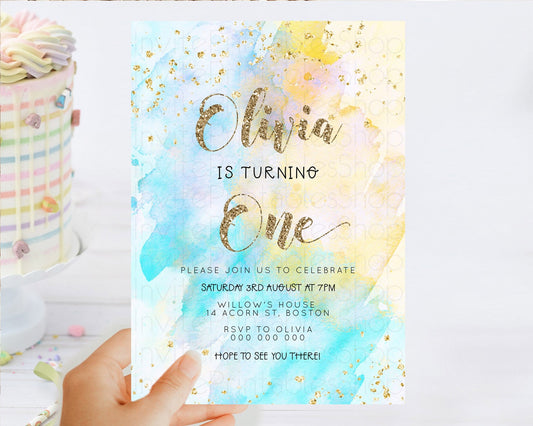 Rainbow Birthday Invitation Colorful Pastel Watercolor Invitation Gold Glitter Sprinkles Ombre Pastel 1st 2nd 3rd Birthday D23301