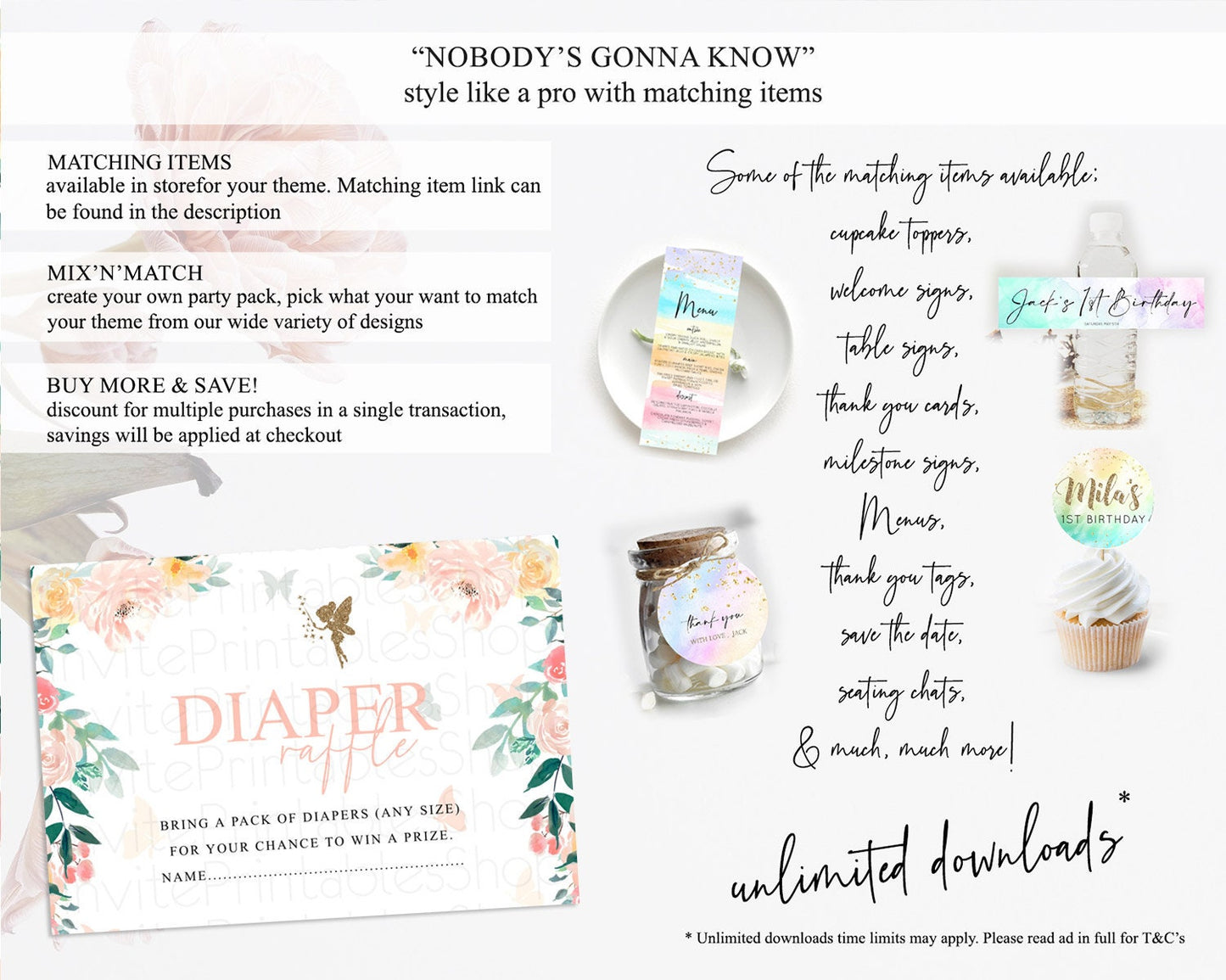 Fairy Diaper Raffle Card Fairy Diaper Insert Enchanted Garden Fairy Diaper Ticket Pastel Floral Butterfly Secret Garden Raffle Game D10789