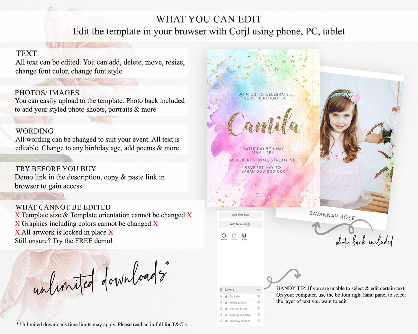 Rainbow Birthday Invitation Colorful Pastel Watercolor Invitation Gold Glitter Sprinkles Ombre Pastel 1st 2nd 3rd Birthday D10450
