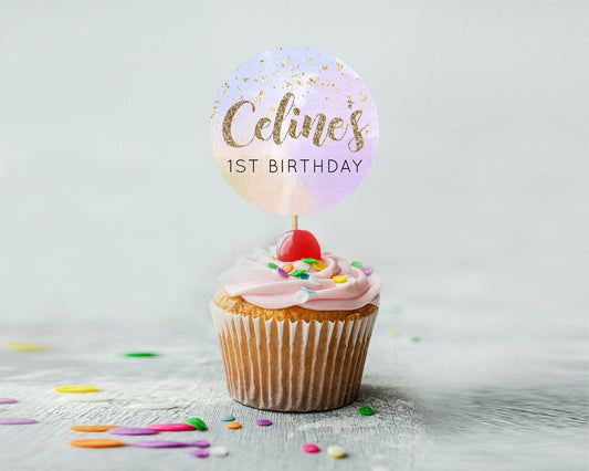 Editable Rainbow Cupcake Toppers Pastel Cupcake Toppers Colorful Pastel Wate