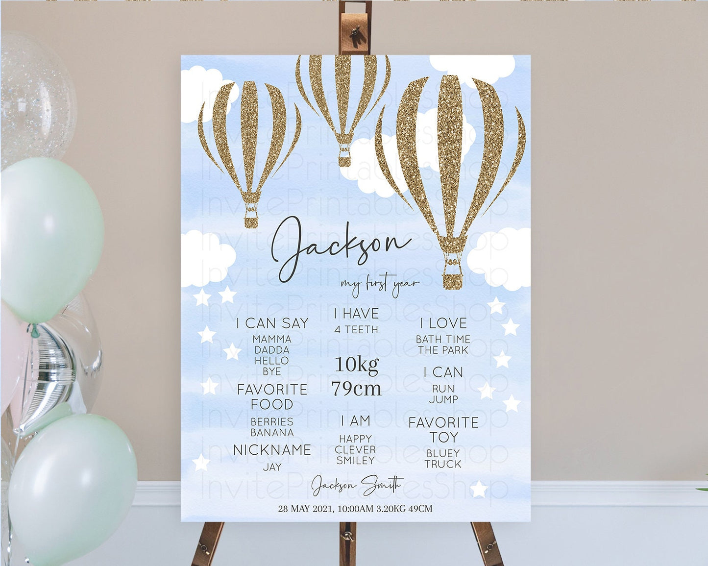 Hot Air Balloon First Birthday Milestone Poster Hot Air Balloon Milestone Board Adventure Awaits Blue Watercolor 1st Birthday Boy D10333