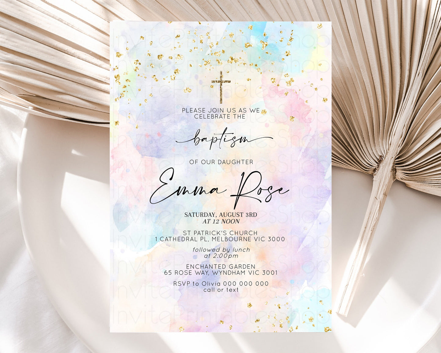 Pastel Baptism Invitation Rainbow Christening Invitation Holy Communion Invite Baptism 1st Birthday Sprinkles Ombre Watercolor Splash