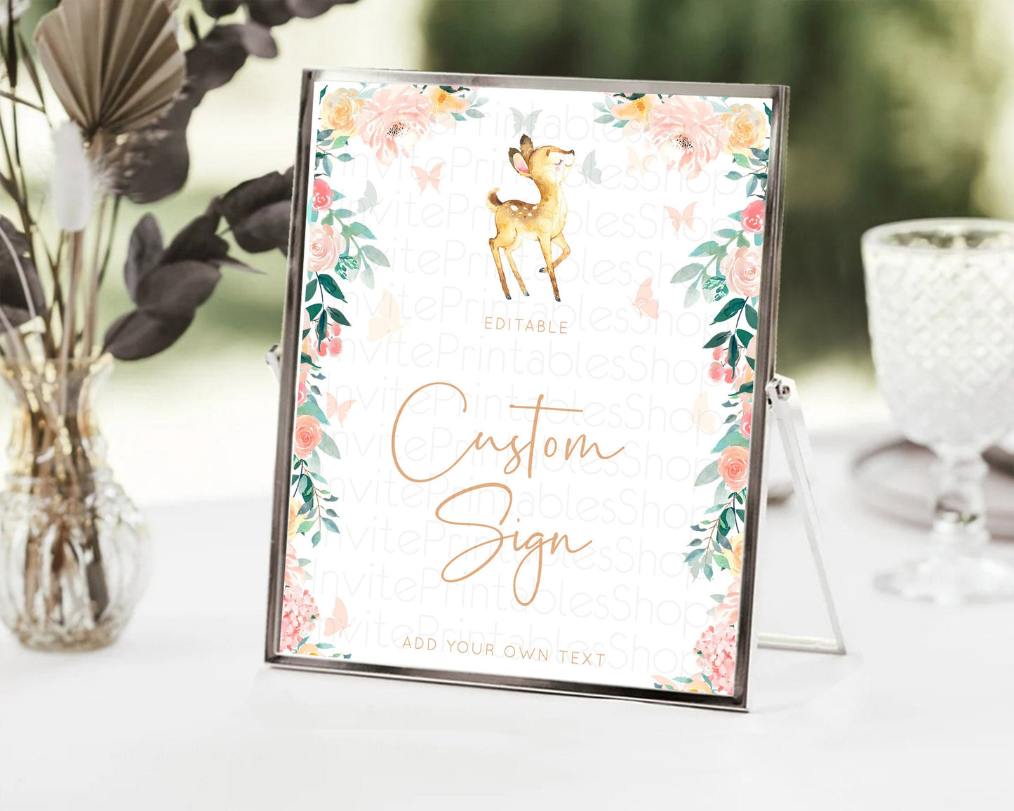 Fawn Deer Sign Pastel Floral Deer Table Sign Decor  Enchanted Forest Butterfly Party 1st Birthday Baptism Baby Shower Bridal Shower D10753