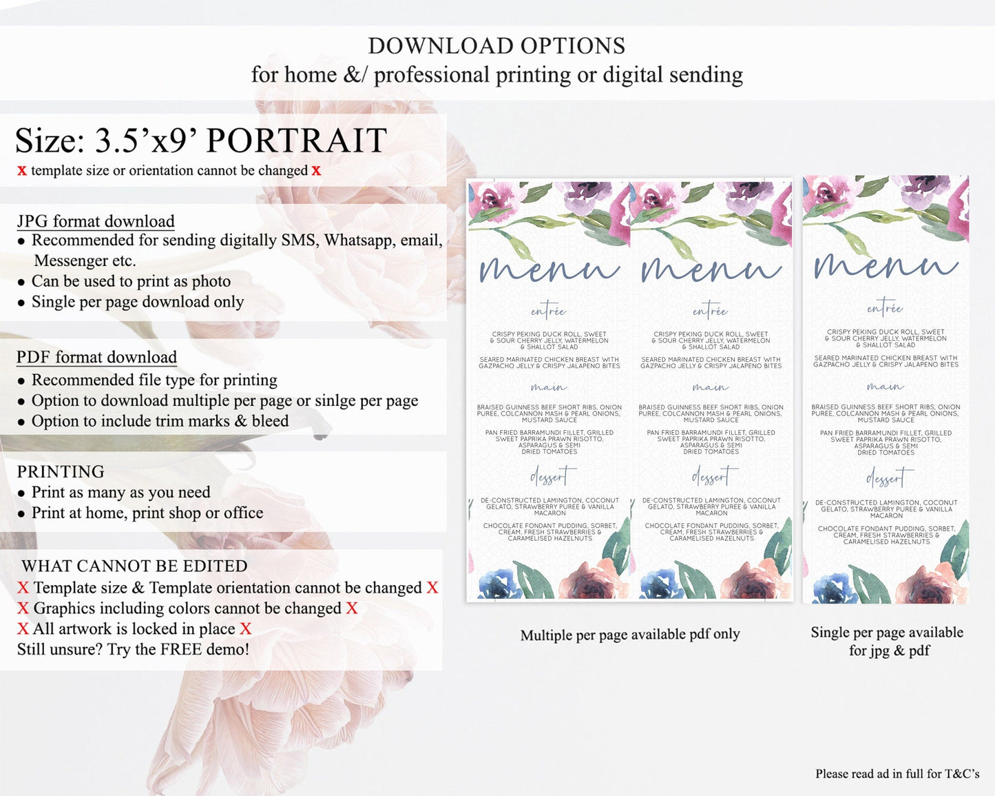 Secret Garden Menu Wildflower Menu Template Pastel Flower Garden Table Decor Boho Floral Dinner Dessert Floral Party Food Menu D10780