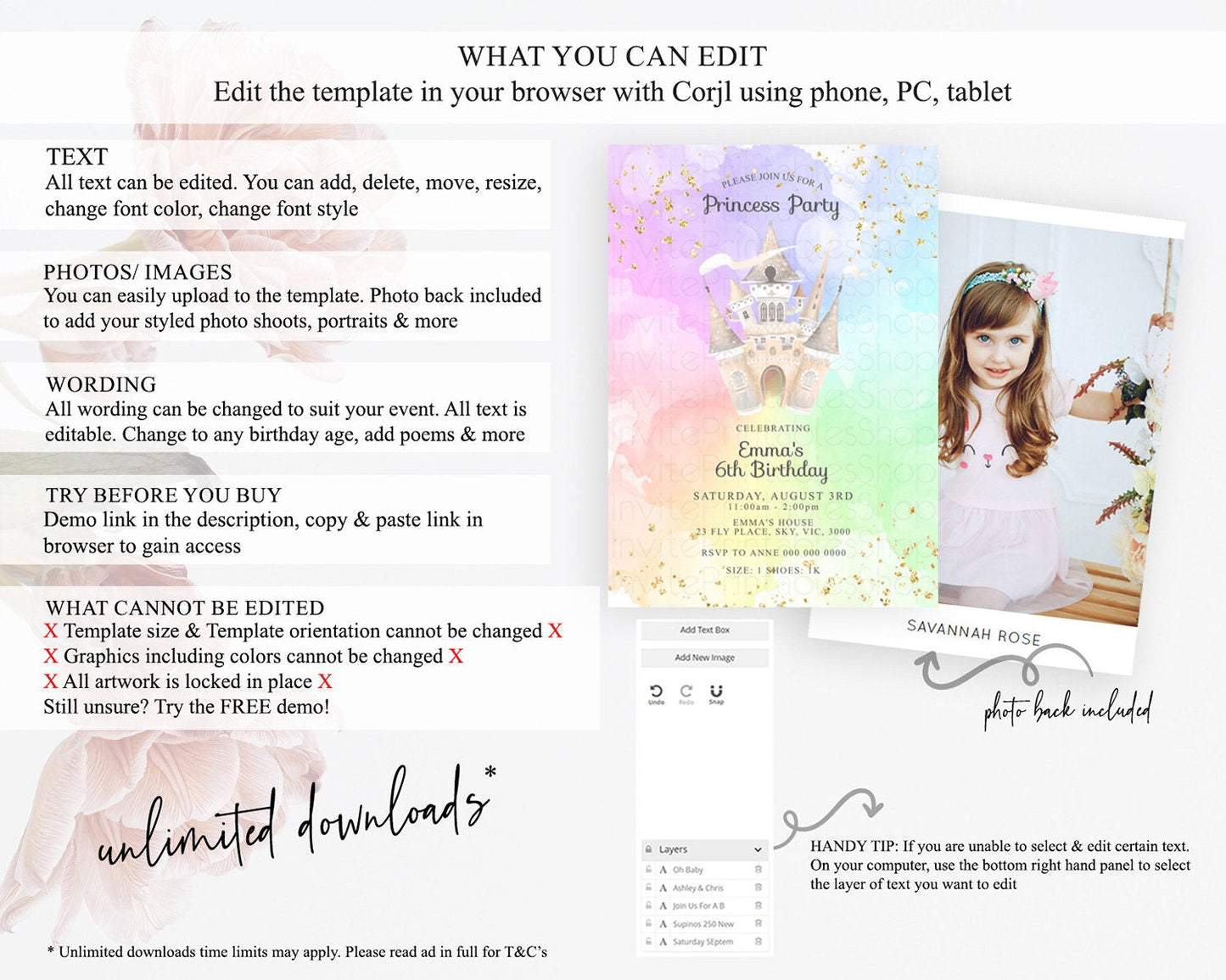 Princess Birthday Invitation Princess Invitation Pastel Invitation Royal Birthday Rainbow Color Enchanted Castle 1st First Birthday D10683