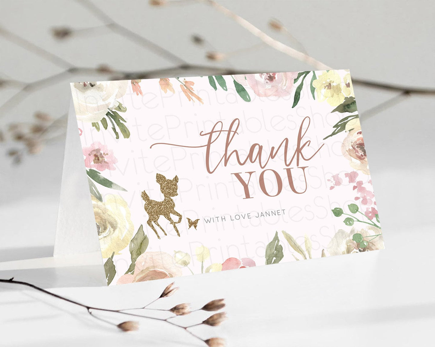 Editable Fawn Thank You Deer Thank You Card Pastel Floral Deer Birthday Than