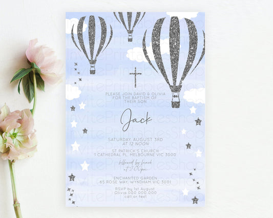 Hot Air Balloon Baptism Invitation Hot Air Balloon Baptism Birthday Invitation Adventure Awaits Up Up Away Glitter Blue Watercolor D10334