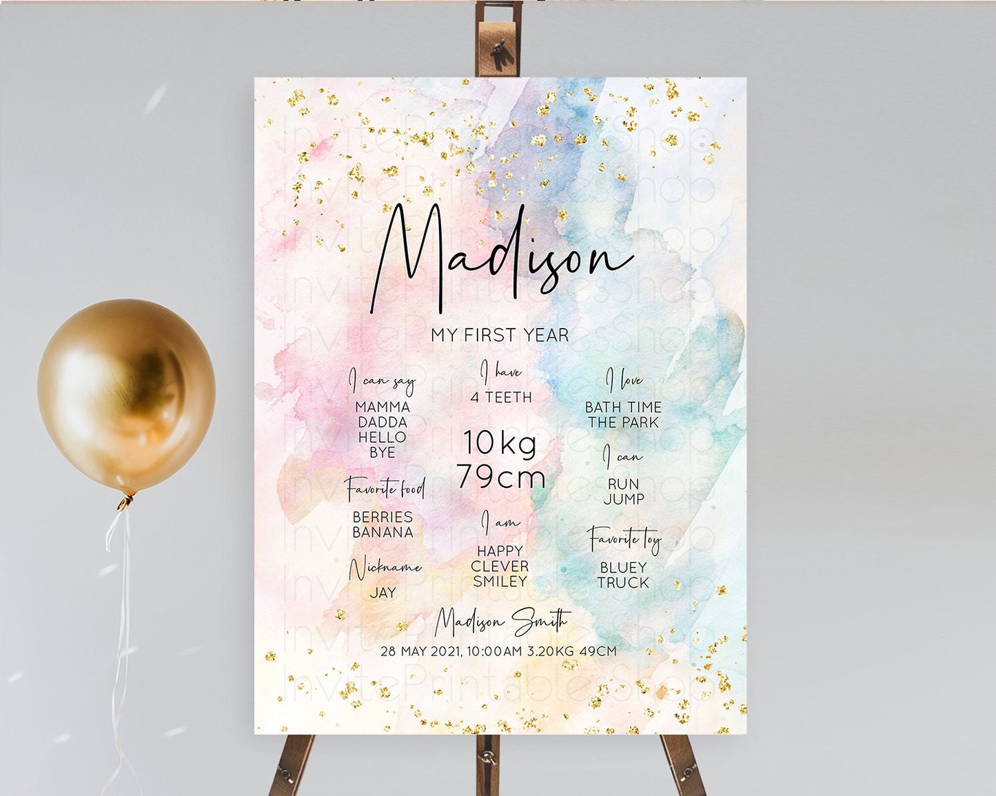 Pastel First Birthday Milestone Board Pastel Rainbow Milestone Poster Colorful Confetti Watercolor Glitter 1st Birthday Welcome Sign D10263