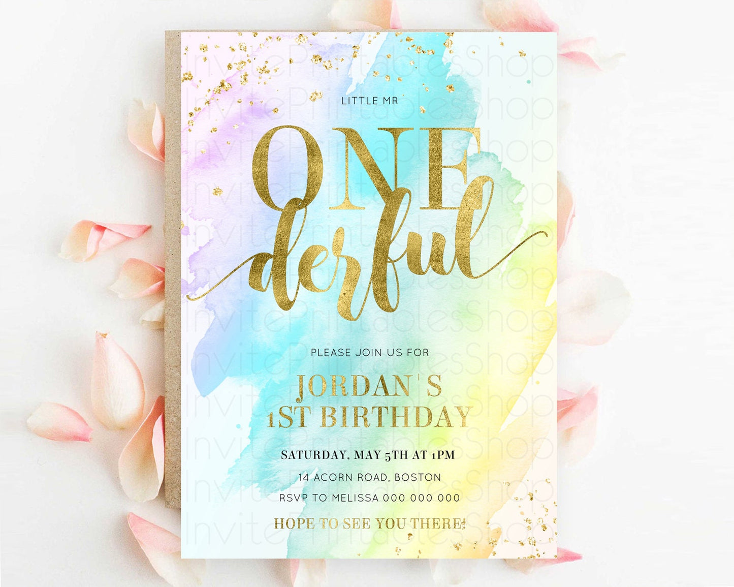 ONEderful Rainbow Birthday Invitation Colorful Pastel Watercolor Invitation Gold Glitter Sprinkles Ombre Pastel 1st Birthday D11026