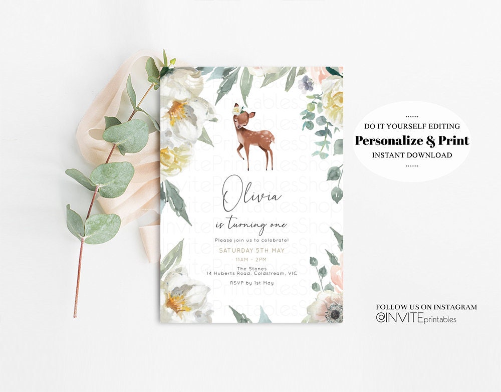 Deer Birthday Invite Baby Deer Invite Deer Invite Forest Friends Invite Pastel Floral Invite Glitter Invite White Floral Garden Invite 112