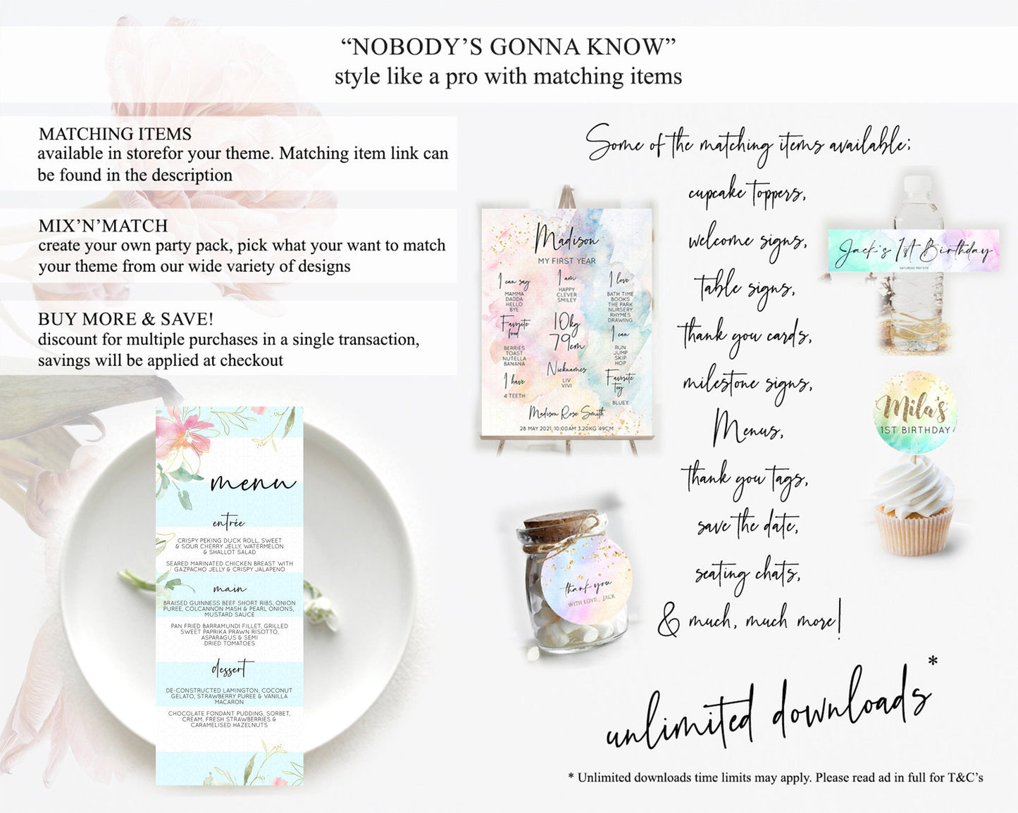 Secret Garden Menu Wildflower Menu Template Pastel Flower Garden Table Decor Boho Floral Dinner Dessert Floral Party Food Menu D10303