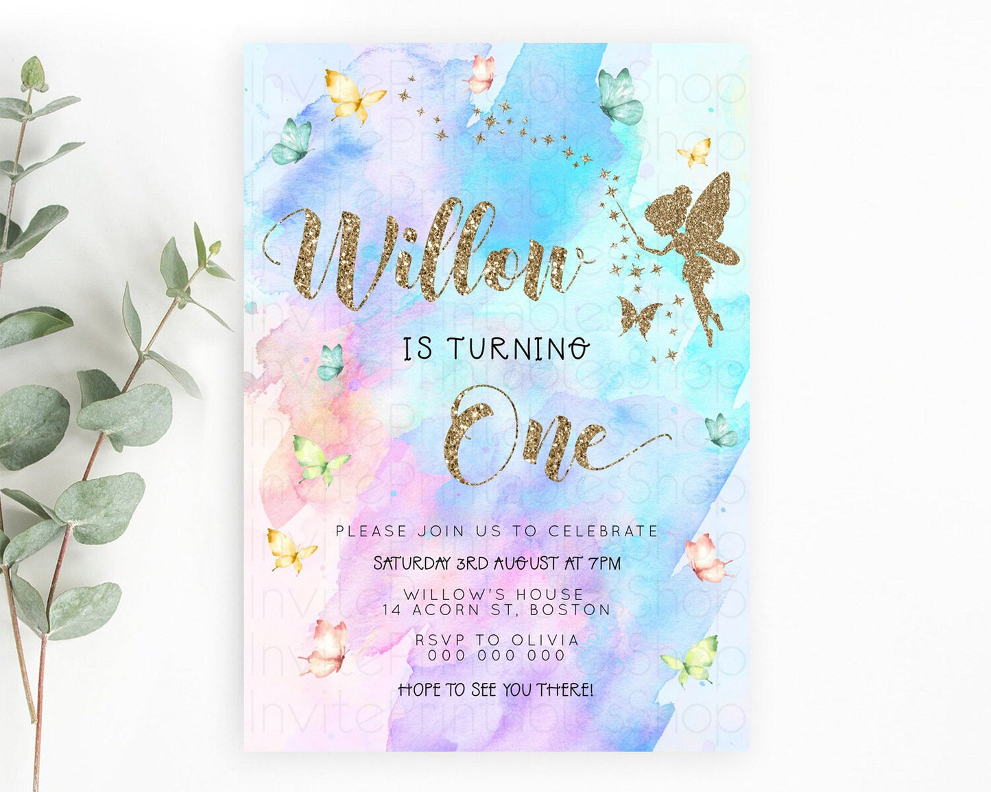 Pastel Fairy Birthday Invitation Pastel Butterflies Fairy Birthday Invitation Rainbow Ombre Watercolor 1st 2nd Birthday Invitation D23340