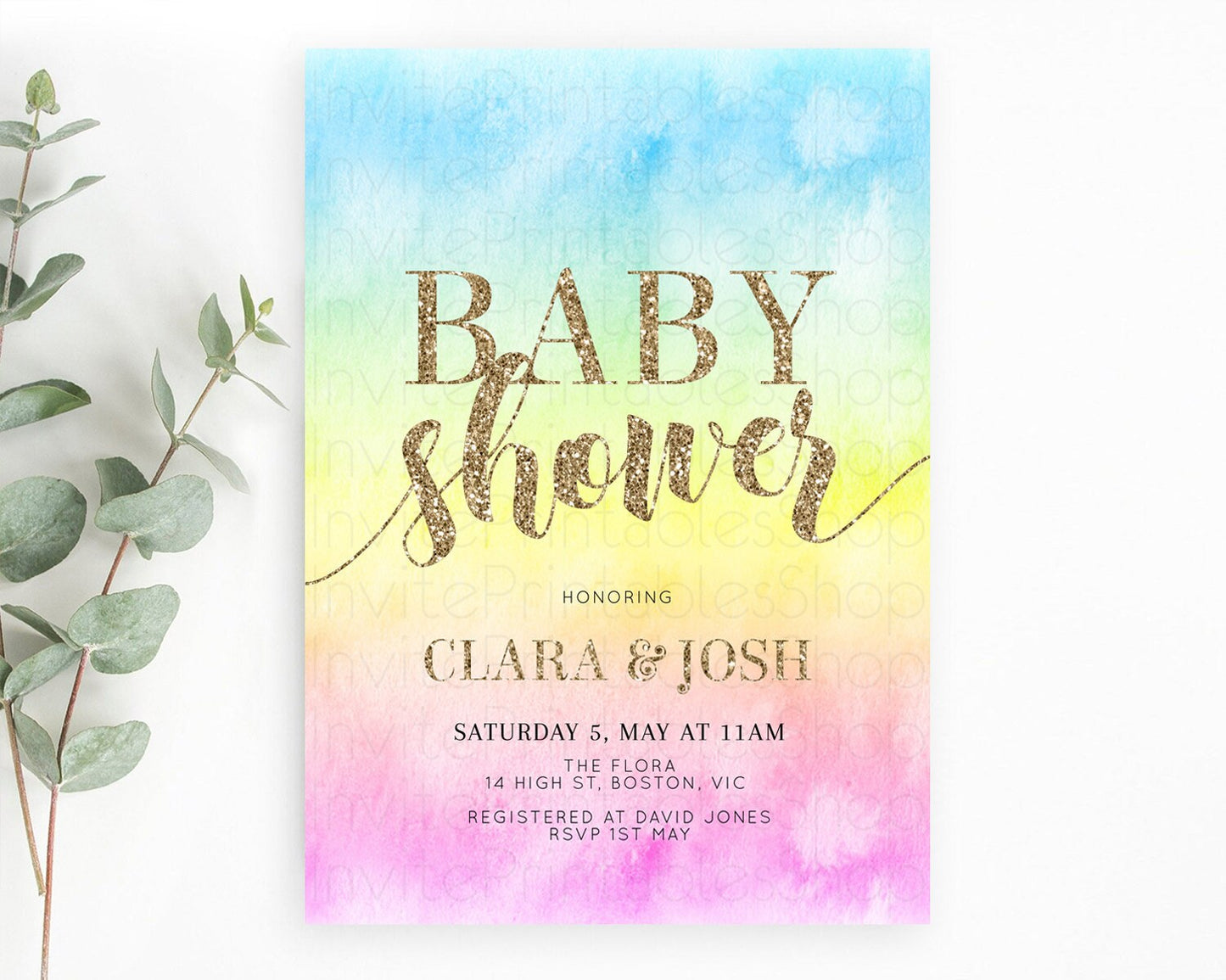 Pastel Baby Shower Invitation Rainbow Baby Shower Invitation Colorful Pastel Watercolor Invitation Gold Glitter Sprinkles Ombre D10479