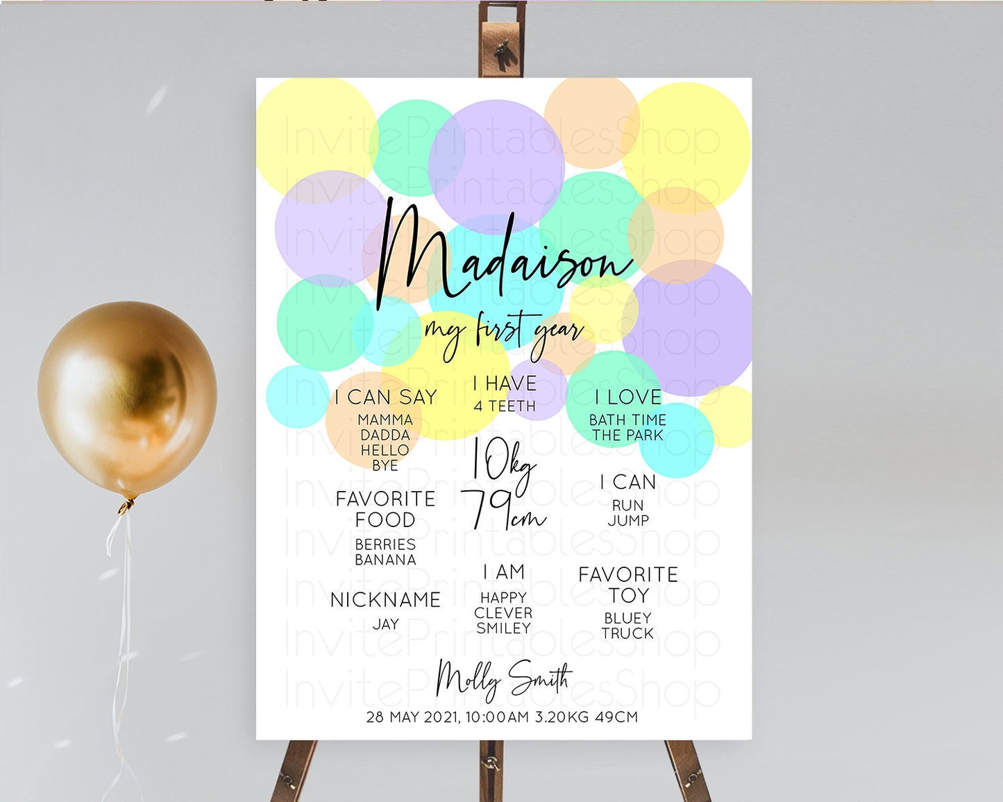 Pastel First Birthday Milestone Poster Pastel Rainbow Confetti First Birthday Milestone Board Colorful Bubbles Birthday Welcome Sign D10415
