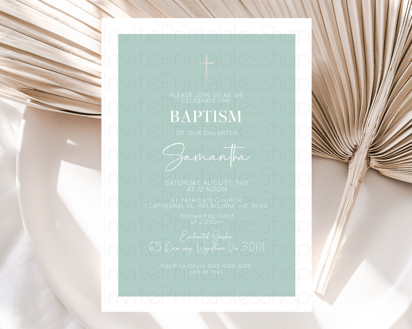 Green Baptism Invitation Plain Green Baptism 1st Birthday Invitation Minimalist Pastel Green Christening Invitation Holy Communion D10736