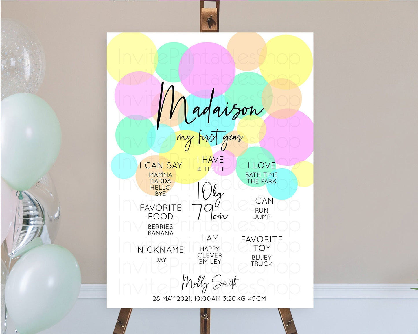 Pastel First Birthday Milestone Poster Pastel Rainbow Confetti First Birthday Milestone Board Colorful Bubbles Birthday Welcome Sign D10410