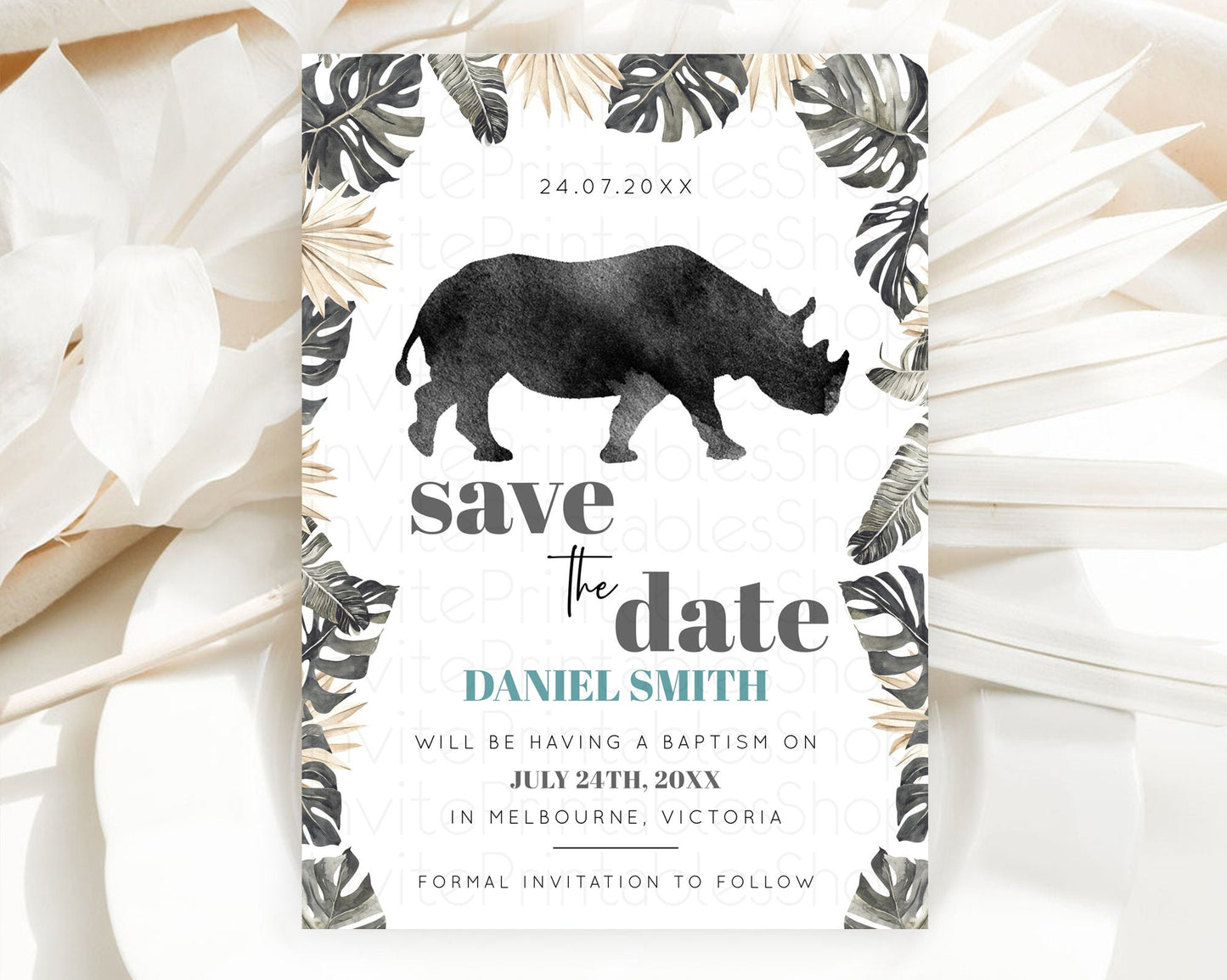 Rhino Save The Date Template Rhino Party Save The Date Safari Adventure Rhino Minimal Theme For 1st Birthday Baptism Baby Shower D10805