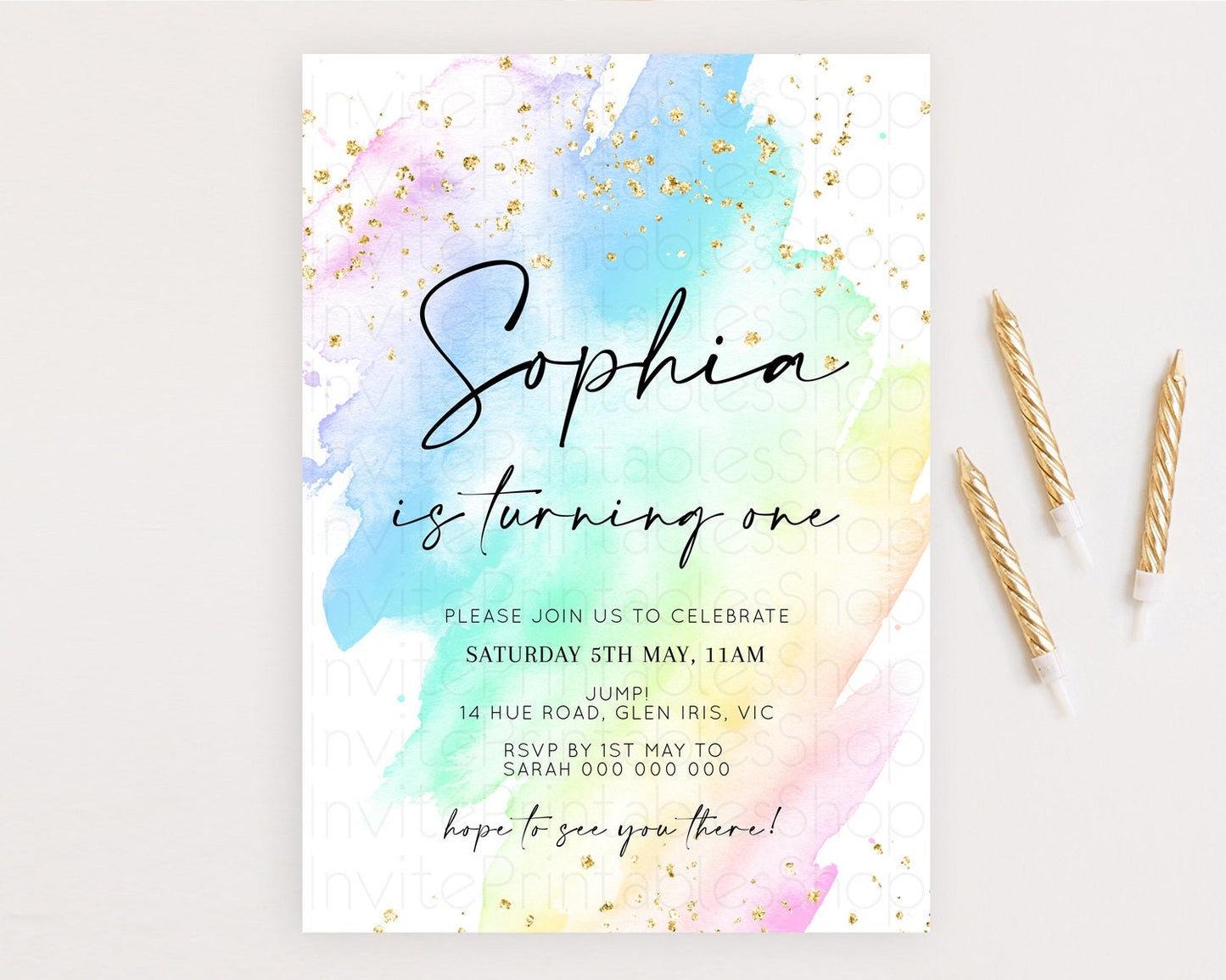 Rainbow Birthday Invitation Colorful Pastel Watercolor Invitation Gold Glitter Sprinkles Ombre Pastel 1st 2nd 3rd Birthday D10640