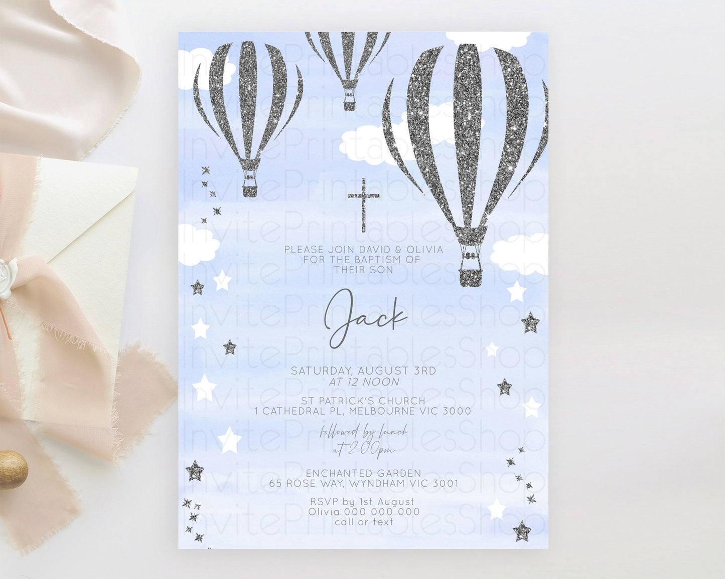 Hot Air Balloon Baptism Invitation Hot Air Balloon Baptism Birthday Invitation Adventure Awaits Up Up Away Glitter Blue Watercolor D10334