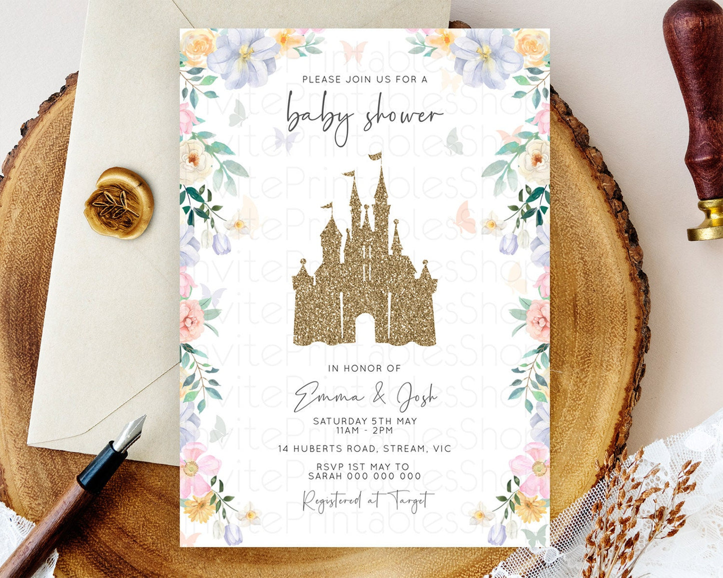 Pastel Princess Baby Shower Invitation Floral Castle Invitation Royal Baby Invite Enchanted Castle Pastel Flower Garden Baby Shower D10469