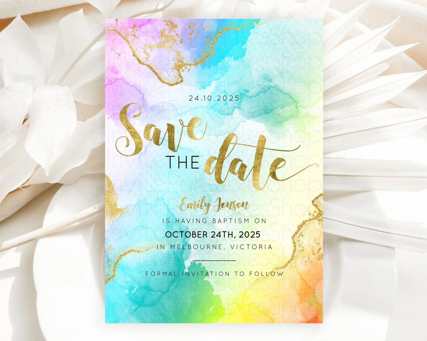Pastel Save The Date Template Pastel Ombre Rainbow Watercolor Colorful Party For Birthday Baptism Baby Shower Wedding Bridal Shower D10392