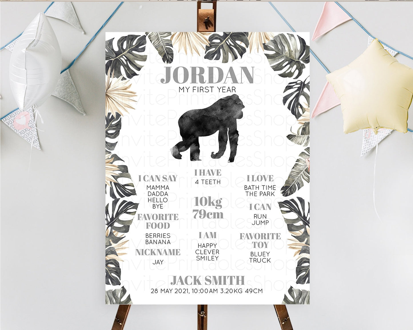 Gorilla First Birthday Milestone Board Gorilla Milestone Poster Gorilla Decor Safari Adventure Gorilla First Birthday Welcome Sign D10804