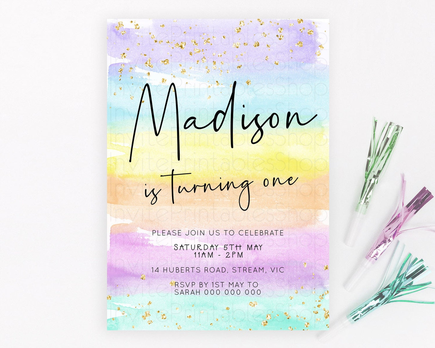 Pastel Birthday Invitation Ombre Watercolor Birthday Invitation Glitter Rainbow Color Splash 1st 2nd 3rd Birthday Invitation D23037