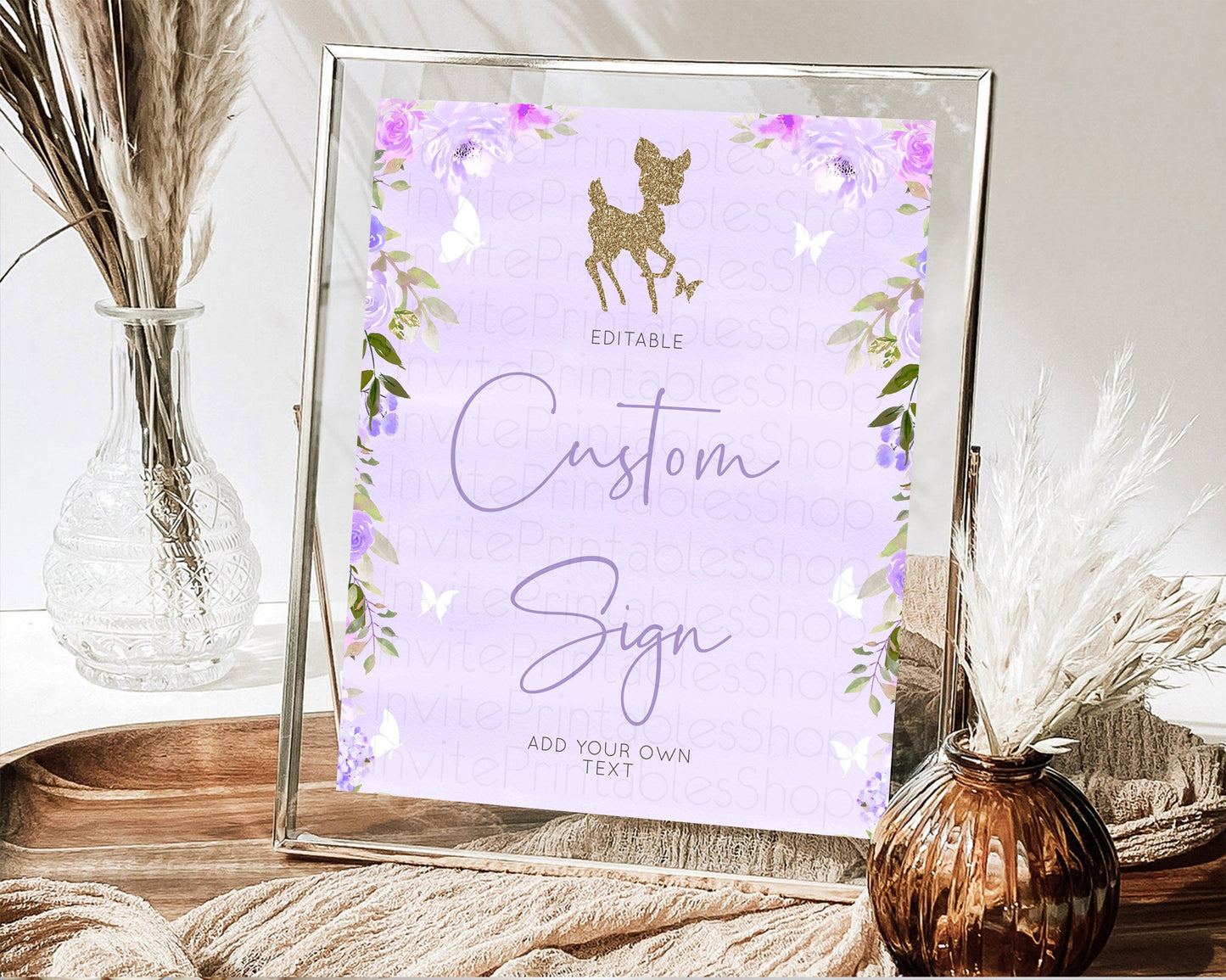 Editable Fawn Deer Sign Pastel Floral Deer Table Sign Decor Enchanted Forest
