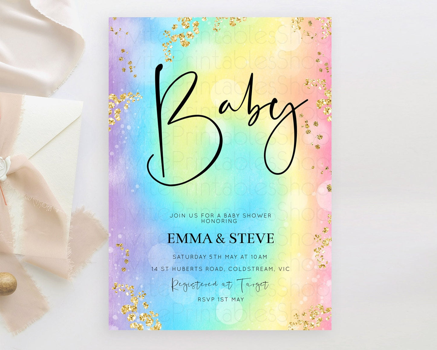 Pastel Baby Shower Invitation Rainbow Baby Shower Invitation Colorful Pastel Watercolor Invitation Gold Glitter Sprinkles Ombre D10568