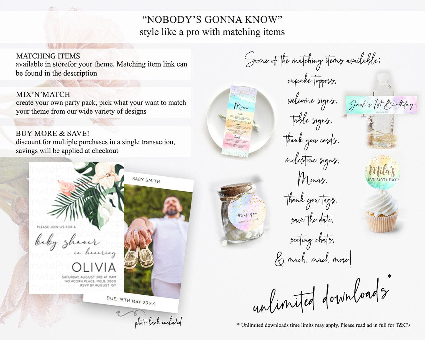 Tropical baby Shower Invitation Tropical Floral Baby Shower Invitation Palm Leaf Fern Invitation Frangipani White Orchid Invitation D11016