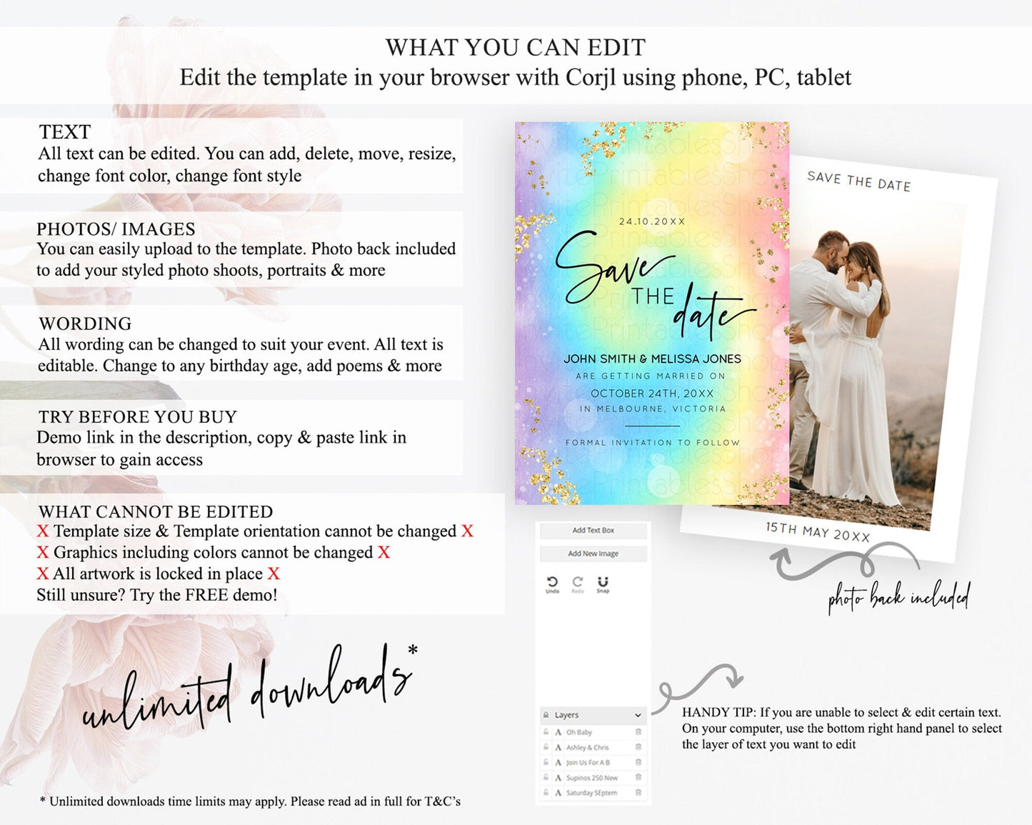Tie Dye Save The Date Template Rainbow Pastel Ombre Watercolor Party For 1st Birthday Baptism Baby Shower Bridal Shower Wedding D10568