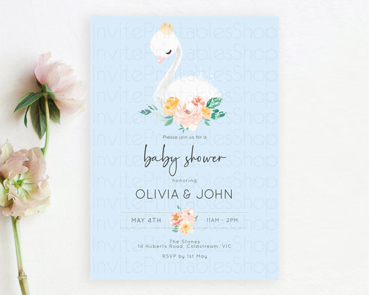 Swan Lake Baby Shower Invitation, Secret Garden, White Swan Princess Ballet, Watercolor Pink Green Floral, Butterflies, Soft Blue D10903