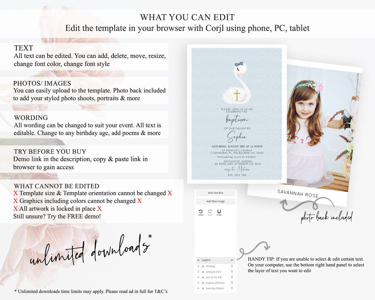 Swan Lake Baptism Invitation Swan Princess Ballet Baptism 1st Birthday Enchanted Forest Secret Garden Watercolour Pastel Floral D10760