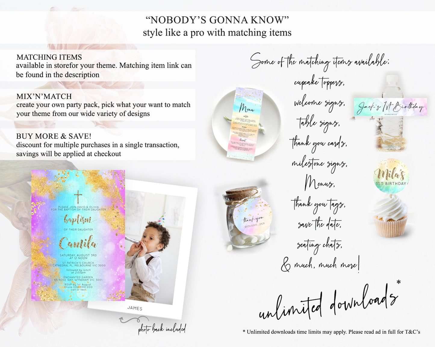 Pastel Baptism Invitation Pastel Colors Watercolor Baptism 1st Birthday Party Gold Ombre Pastel Rainbow Christening Holy Communion D10564