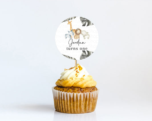Editable Safari Cupcake Toppers Lion Gorilla Elephant Rhino Tropical Palm D??