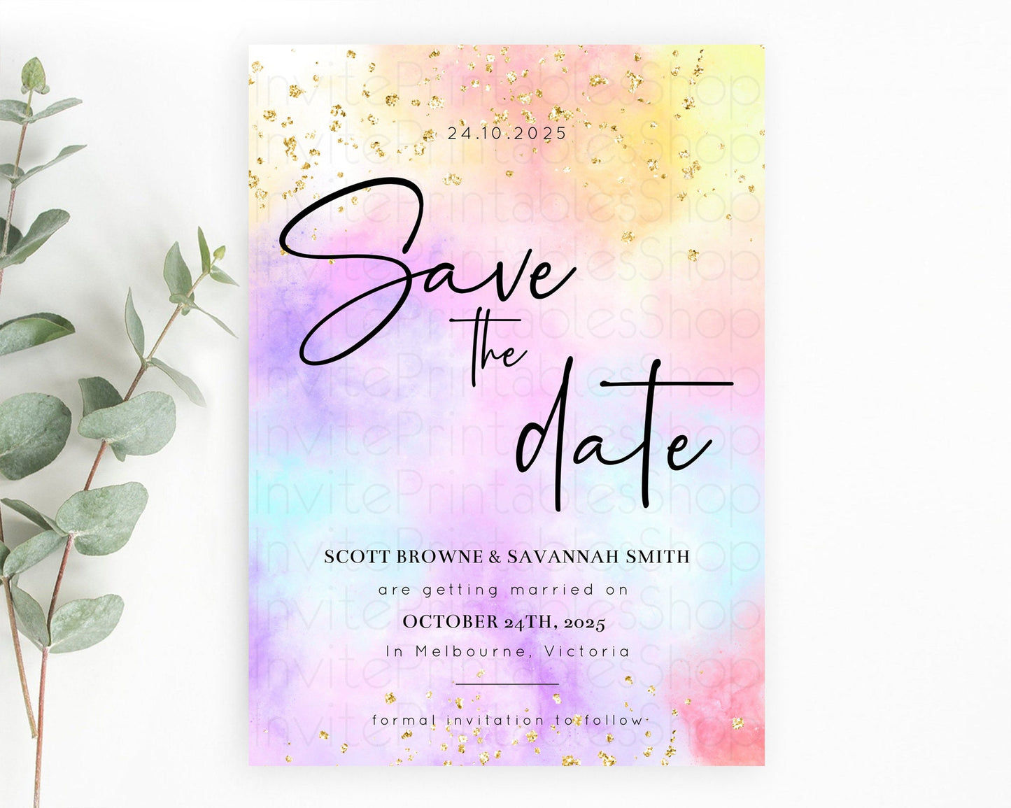 Pastel Save The Date Template Pastel Ombre Rainbow Watercolor Colorful Party For Birthday Baptism Baby Shower Wedding Bridal Shower D10438