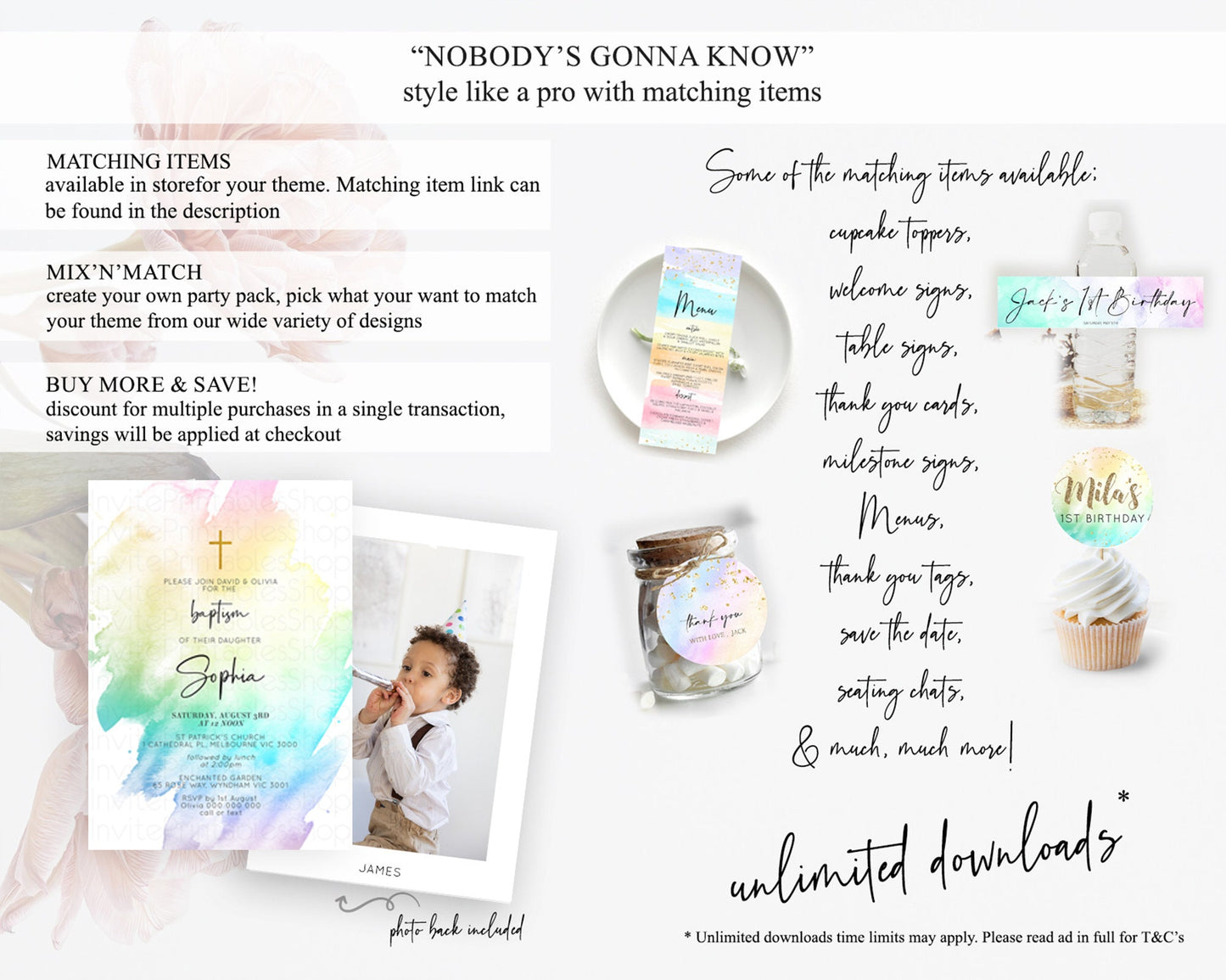 Pastel Baptism Invitation Pastel Colors Watercolor Baptism 1st Birthday Party Gold Ombre Pastel Rainbow Christening Holy Communion D10279