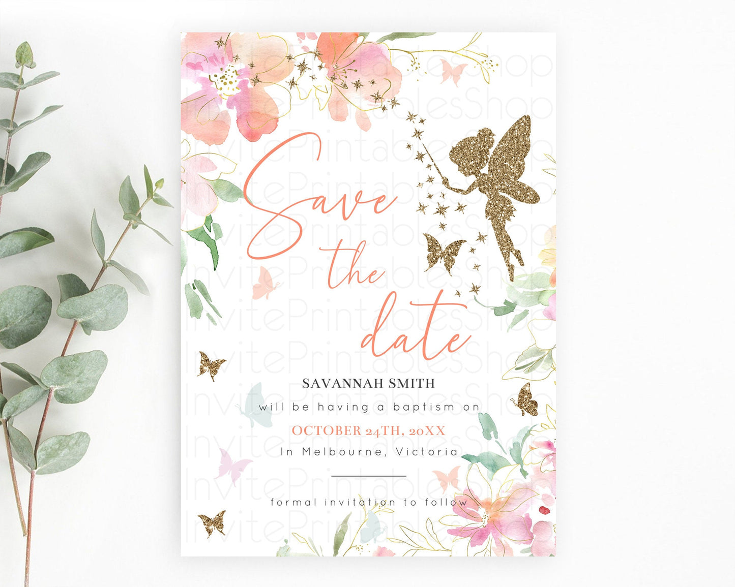 Fairy Save The Date Template Enchanted Garden Pastel Floral Butterfly Party Secret Garden Birthday Baptism Baby Shower Bridal Shower D10934