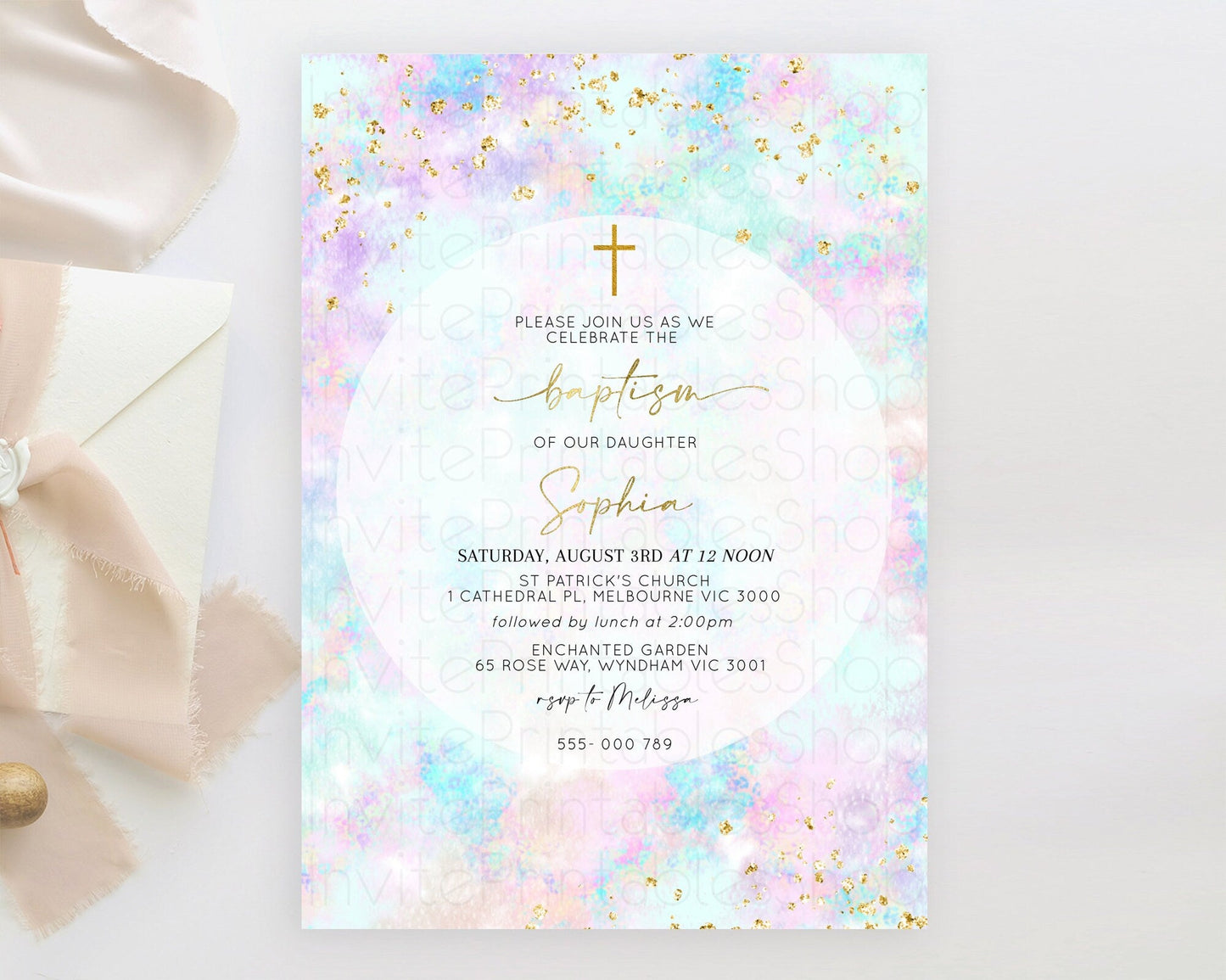 Pastel Baptism Invitation Pastel Colors Watercolor Baptism 1st Birthday Party Gold Ombre Pastel Rainbow Christening Holy Communion D10652