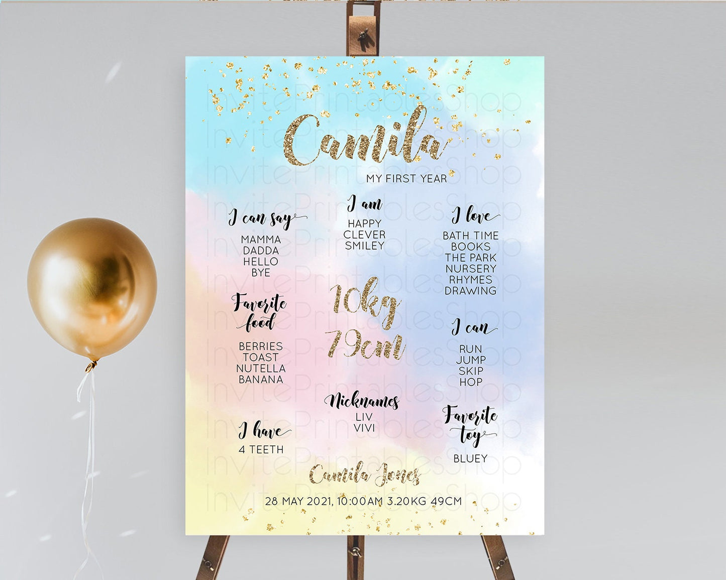Pastel First Birthday Milestone Board Pastel Rainbow Milestone Poster Colorful Confetti Watercolor Glitter 1st Birthday Welcome Sign D10367